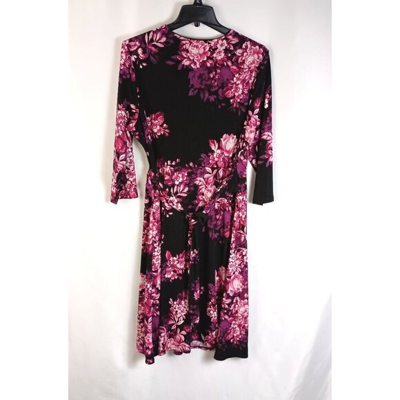 NY Collection B-Slim A-Line Floral Midi Dress XL Black Pink Tie Back Flattering - Picture 5 of 8